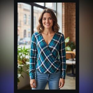 Express Blue and Black Wrap Blouse Long Sleeve​